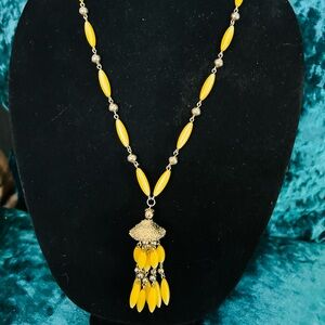Vintage Yellow Beaded Tassel Pendant Necklace - Women Jewelry